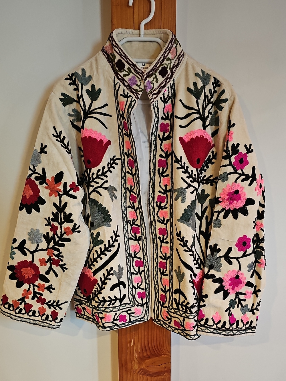 Embroidered Floral Cream Jacket with Pink & Red Accents